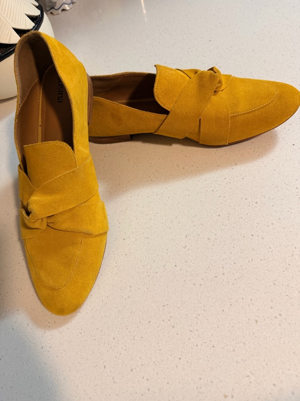 Susina Mustard Suede Knot Loafers